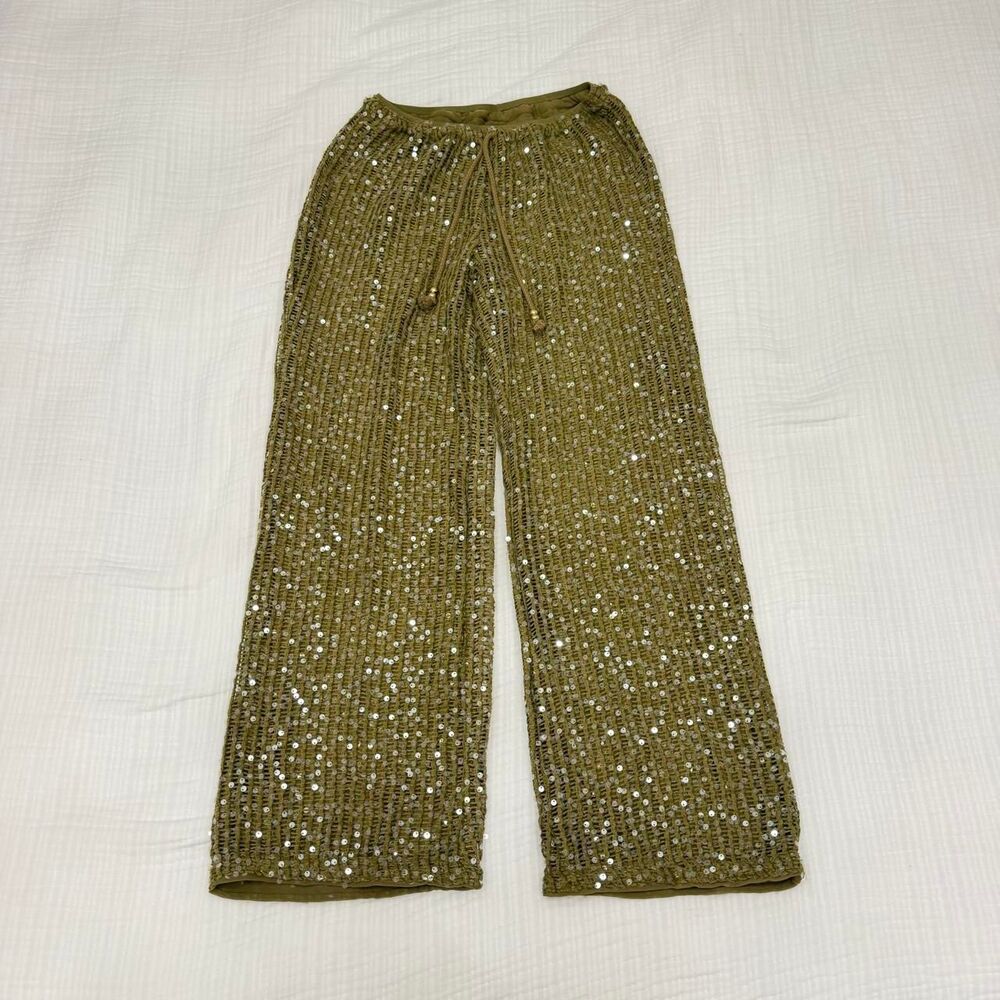 olive green sequin wide leg pants